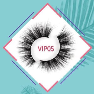 May include: A pair of black false eyelashes with a curved shape, surrounded by a white circle with the text "VIP05" in pink. The eyelashes are set against a teal background with a pink and purple geometric design.