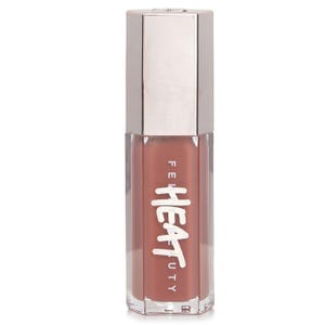 May include: A clear, hexagonal bottle of lip gloss with a silver cap. The lip gloss is a warm, reddish-brown color. The word "HEAT" is printed vertically in white, stylized letters on the front of the bottle, with the brand name "FENTY" above it.