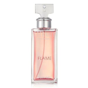 Może przedstawiać: Przezroczysty, prostokątny flakon perfum ze srebrną nakrętką, wypełniony jasno różową cieczą. Na butelce widnieją napisy "ETERNITY FOR WOMEN" i "FLAME", a na dole "CALVIN KLEIN".