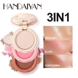 May include: A 3-in-1 makeup compact with a highlighter, blush, and contouring shade. The compact is open, revealing the three circular pans in shades of beige, pink, and brown. The brand name "HANDAIYAN" is at the top.