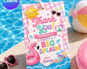 Geschenkanhänger für Poolpartys, Dankeskarten für Mädchengeburtstage im Sommer, bearbeitbare Canva-Vorlage, digitaler Download