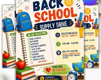 Back to School Supply Drive Flyer, School Supplies Donation Flyer Template, Editable Canva Fundraiser Poster, Digital Download