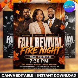 May include: A digital flyer for a Fall Revival Fire Night event featuring three people in professional attire. The text reads New Covenant Church Presents, Pastor Marcus Reed, Dr. Naomi Carter, Evangelist David Cole, Fall Revival Fire Night, Friday October 16, 7:30 PM, One Night of Worship Word Renewal, New Covenant Church 245 Grace Avenue Atlanta GA, and newcovenantlive.com.