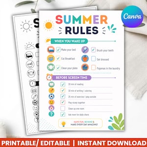Summer Chore Chart | Editable Kids Checklist | Printable Routine Chart | Summer Rules & Screen Time Allowance