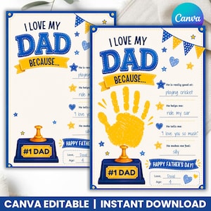 Könnte beinhalten: Zwei druckbare Vatertagskarten in Blau und Gelb mit dem Text "Ich liebe meinen Papa, weil...". Die Karten haben Ausfüllfelder und dekorative Elemente. Eine Karte zeigt einen Handabdruck, die andere eine Trophäe.