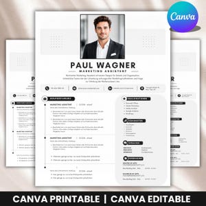 May include: A professional resume template featuring a clean white layout with black text, a central portrait placeholder of a man in a suit, and sections for work experience, qualifications, skills, languages, and education, with Canva branding.