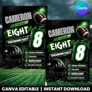 Puede incluir: Una plantilla de invitación digital con temática de fútbol americano que incluye un balón marrón, un casco negro y verde, y una camiseta verde con el número 8. El texto dice Cameron is turning eight, touchdown party y los detalles del evento.