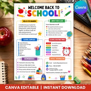 May include: A colorful Welcome Back to School flyer featuring sections for class information, school supplies, routine times, reminders, and contact details. The document includes icons of an apple, globe, alarm clock, and books with text.