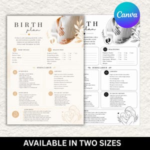 May include: A printable birth plan template featuring sections for basic details, health info, labour preferences, and postpartum care. The document includes a circular photo of a pregnant belly, line art of a parent holding a baby, and text.