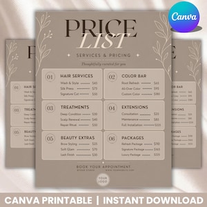 Può includere: Un modello di listino prezzi beige con il testo PRICE LIST, SERVICES & PRICING, e categorie tra cui Hair Services, Color Bar, Treatments, Extensions, Beauty Extras e Packages con prezzi in dollari e disegni floreali a linee.