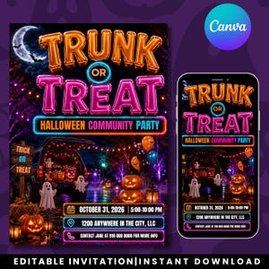 May include: A digital flyer for a Trunk or Treat Halloween community party featuring orange and pink balloon-style text, a car with an open trunk, pumpkins, ghosts, and event details including the date 31 October 2026, and contact information.