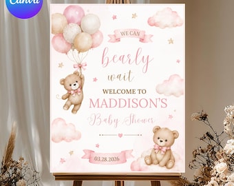 Welkomstbord babyshower, bewerkbare sjabloon bruine beer ballon, roze Boho meisje babyshower poster, canvas DIY sjabloon, Instant Download