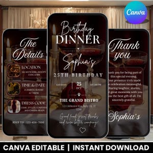 Puede incluir: Una plantilla de invitación digital para una cena de cumpleaños con tres pantallas de teléfono que muestran detalles del evento, incluyendo ubicación, fecha, hora, código de vestimenta e información de RSVP, con copas de vino y una rosa roja.