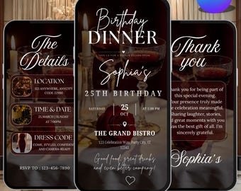 Digital Birthday Dinner Invitation, Elegant Animated Birthday Invite, Birthday Dinner Evite, Editable Canva Template, DIY Text