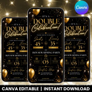 Op de afbeelding: Een digitaal uitnodigingssjabloon op een smartphonescherm met een zwarte achtergrond, gouden tekst en ballonnen. De tekst luidt IT'S A DOUBLE CELEBRATION, Jack's 45e en Emma's 35e verjaardag en een housewarming op 5 juni om 9 uur 's ochtends.