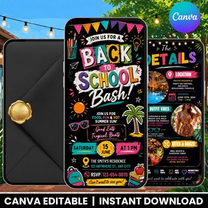 May include: A digital invitation template for a Back to School Bash featuring colorful text, a palm tree, sunglasses, and a backpack on a black background. The design includes event details like the date, time, and location, with a matching black envelope with a gold wax seal shown to the left.