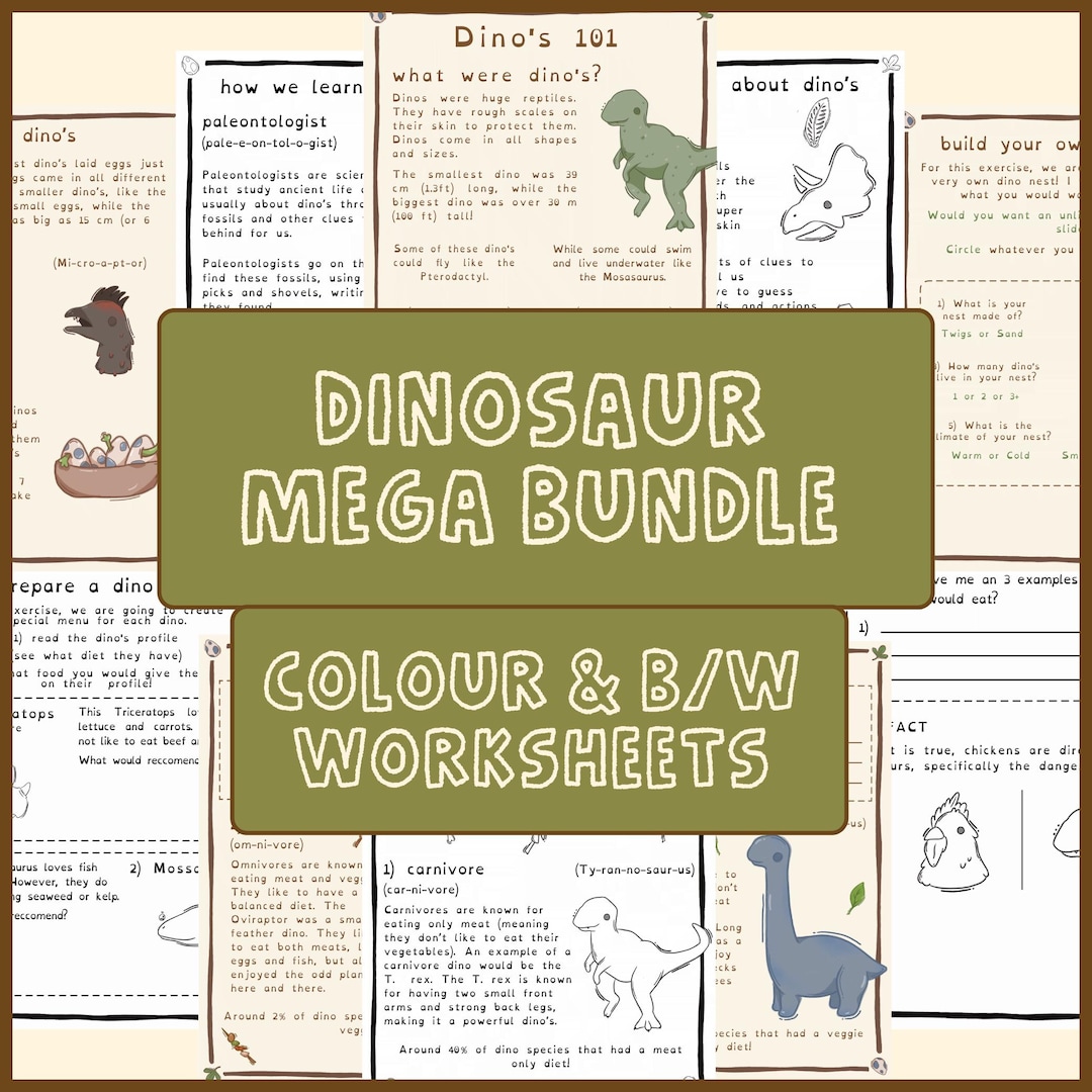 Printable Dinosaur Bundle Worksheets for Kids Colour and Black & White ...