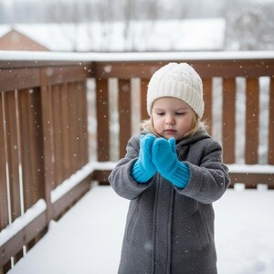 May include: A young child wearing a white knit hat, gray coat, and bright blue mittens stands outdoors in the snow. The child's hands are clasped together, and snowflakes are falling around them. A wooden deck is in the background.
