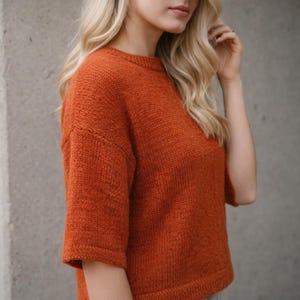 May include: A burnt orange knitted sweater with short sleeves. The sweater features a crew neck and a slightly boxy fit. The fabric has a textured knit, giving it a cosy appearance. The colour is a warm, earthy tone.