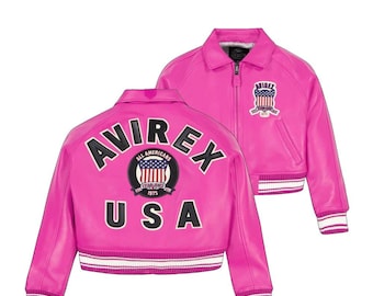 Handmade Avirex USA Leather Bomber Jacket - Women's Pink Crop Jacket - Genuine Cowhide Leather Varsity Jacket by Icon Series - Gift for Her