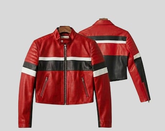 Handmade Women’s Striped Cropped Cafe Racer Moto Jacket | Red/Black Genuine Leather Biker Jacket | Streetwear Gift For Her