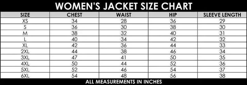 Puede incluir: Una tabla de tallas de chaquetas para mujer en blanco y negro. La tabla incluye tallas XS a 6XL, con las medidas correspondientes de pecho, cintura, cadera y largo de manga en pulgadas. El texto "ALL MEASUREMENTS IN INCHES" est&aacute; en la parte inferior.
