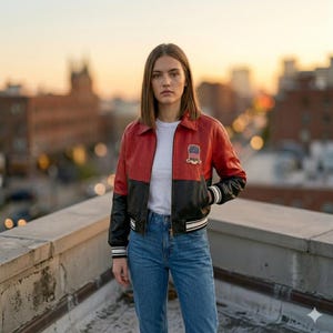 May include: Red and black leather jacket with a white stripe on the cuffs and hem. The jacket has a small emblem on the chest and is worn with a white t-shirt and blue jeans. The background shows a city skyline at sunset.