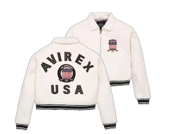 Chaqueta bomber corta de cuero blanca Avirex para mujer, hecha a mano / Chaqueta universitaria Icon Series / Regalo para ella