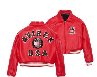 Handmade Women's Avirex USA Red Crop Bomber Jacket | Genuine Cowhide Leather Jacket | Varsity Jacket by Icon Series | Gift for Her