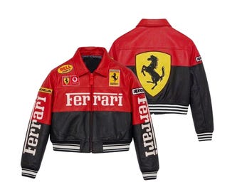 Chaqueta bomber corta Ferrari roja y negra para mujer, hecha a mano / Chaqueta de piel de vaca auténtica / Chaqueta universitaria inspirada en Ferrari / Regalo para ella