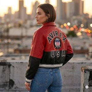 Handmade Women's Avirex USA Crop Bomber Jacket | Red Black Genuine Cowhide Leather Jacket | Varsity Jacket | Gift for Her image 1