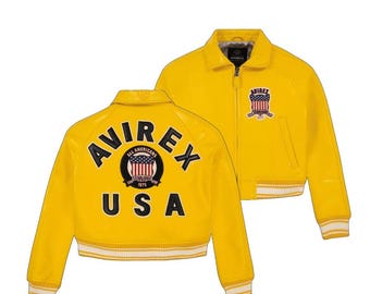 Chaqueta bomber Avirex USA hecha a mano - Chaqueta corta mostaza para mujer - Chaqueta universitaria de piel de vaca auténtica de Icon Series - Regalo para ella