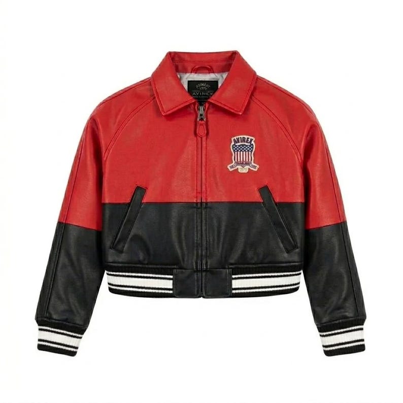 Handmade Women's Avirex USA Crop Bomber Jacket | Red Black Genuine Cowhide Leather Jacket | Varsity Jacket | Gift for Her image 3