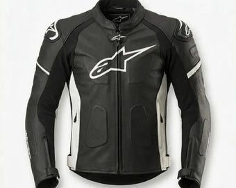 Handmade Alpinestars Motorcycle Jacket - CE Level 2 Armored Cowhide Racing Biker Leather Jacket - Men's Black Moto Riding Gear - F1 Fan Gift