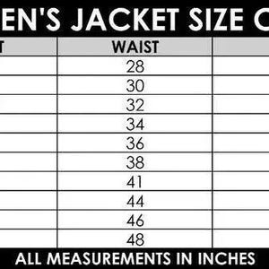 Puede incluir: Una tabla de tallas de chaquetas para mujer en blanco y negro. La tabla incluye tallas XS a 6XL, con las medidas correspondientes de pecho, cintura, cadera y largo de manga en pulgadas. El texto "ALL MEASUREMENTS IN INCHES" est&aacute; en la parte inferior.