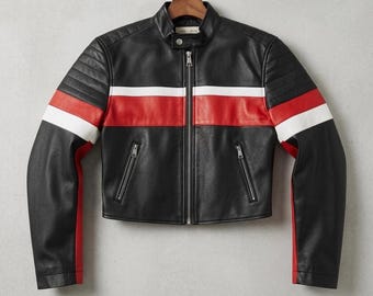 Handmade Women’s Striped Leather Biker Jacket | Black/Red Cropped Cafe Racer Moto Jacket | Streetwear Gift For Her
