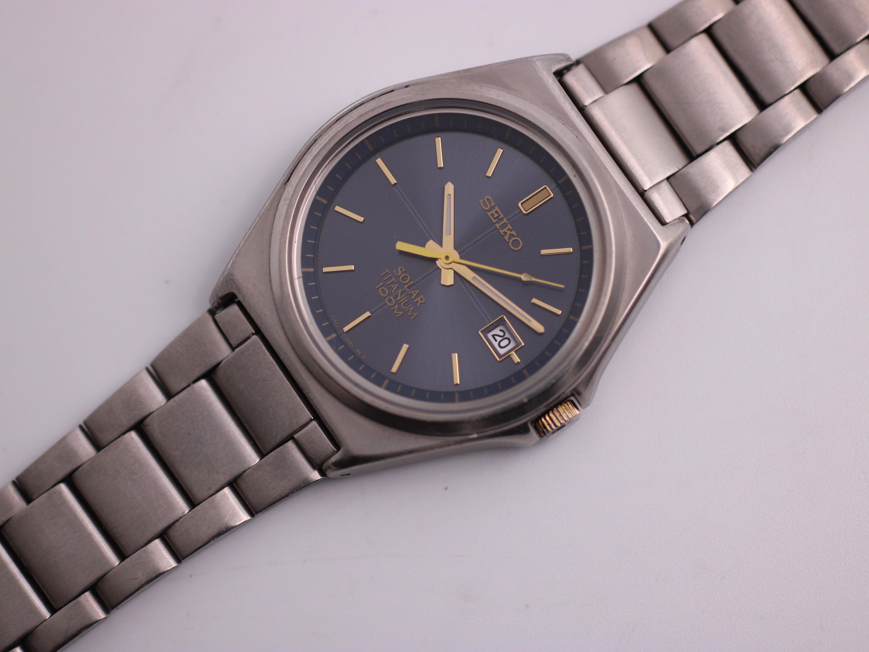 Seiko Solar Titanium Watch, Blue Octagonal Dial, Men's Steel