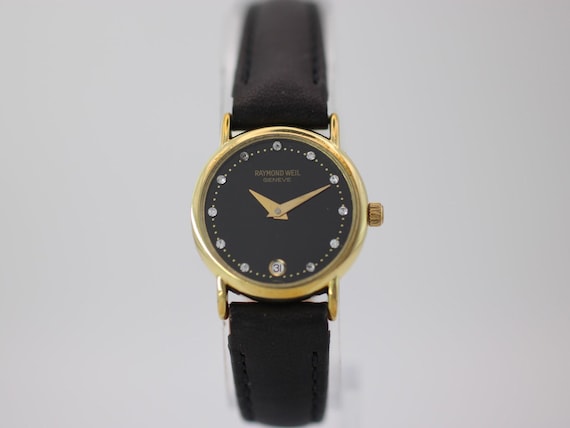 Raymond Weil Gold Electroplated Watch, Black Dial, Stone Markers, Leather Strap