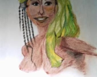 Portrait Drawing: Woman with Green shal, Pastel on Paper