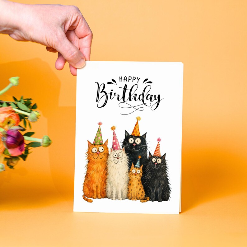 Funny Cat Birthday Card, Cartoon Cute Cats in Party Hats Fun Animal ...