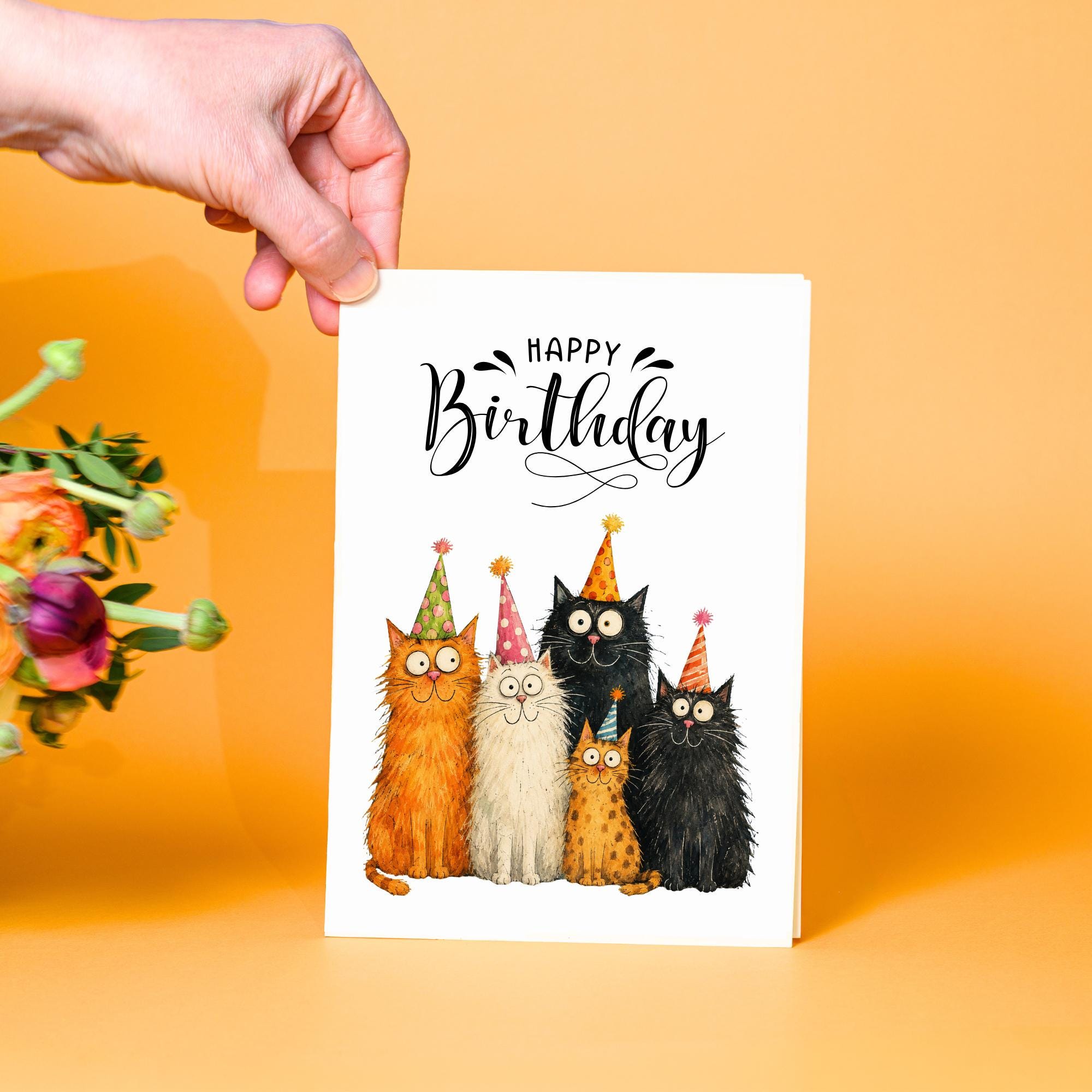 Funny Cat Birthday Card, Cartoon Cute Cats in Party Hats Fun Animal ...