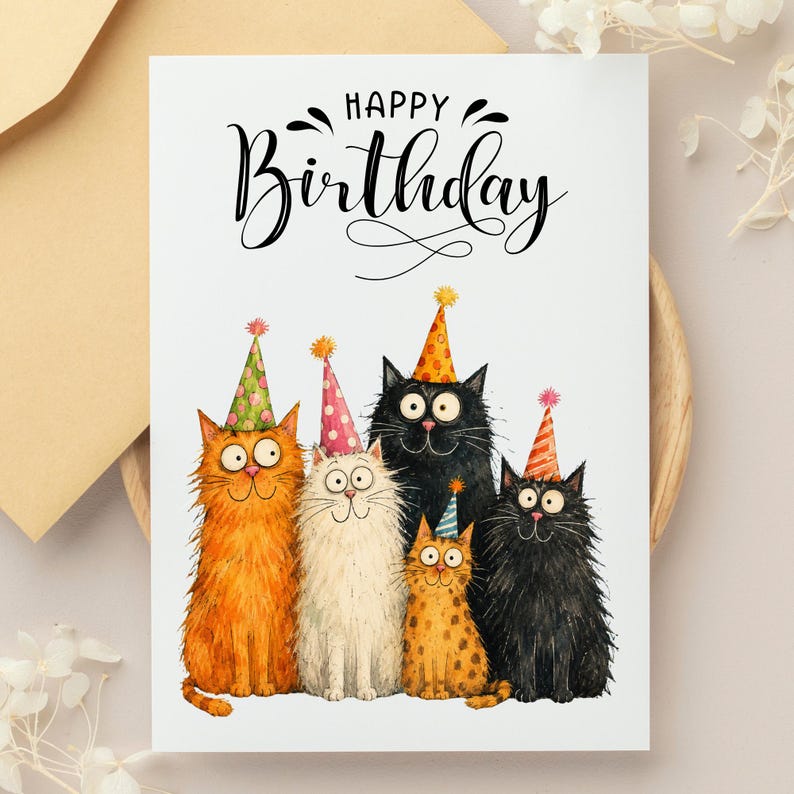 Funny Cat Birthday Card, Cartoon Cute Cats in Party Hats Fun Animal ...