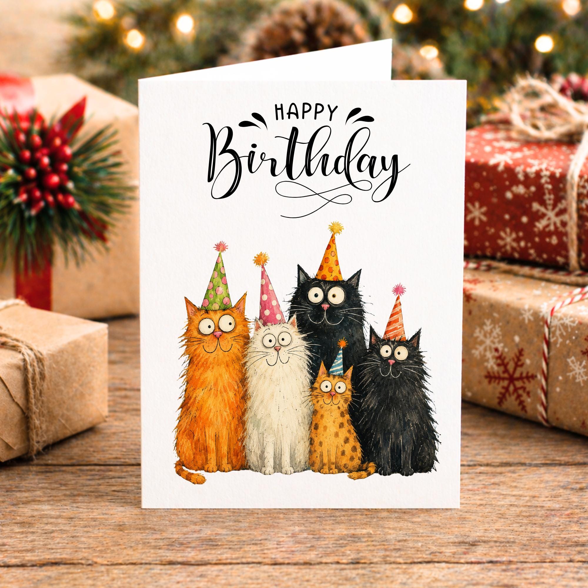 Funny Cat Birthday Card, Cartoon Cute Cats in Party Hats Fun Animal ...