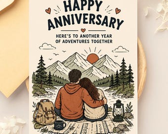 May include: A greeting card with a cream background featuring an illustration of two people sitting on a blanket facing mountains. The text reads HAPPY ANNIVERSARY HERE'S TO ANOTHER YEAR OF ADVENTURES TOGETHER. Includes a backpack, mug, and lantern.