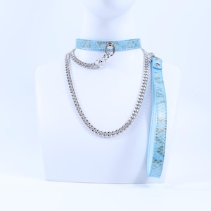 Blue Glitter Collar with Silver Chain Leash, Sparkle PU Leather Choker, Adjustable Fairycore Statement Collar, Birthday, Anniversary Gift