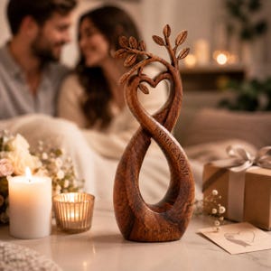 May include: A dark brown wooden sculpture shaped like an infinity symbol with a heart cutout at the top and branches with leaves. The wood is engraved with the text EMMA & NOAH and the date EST. 06.18.2022 on the base of the vertical structure.
