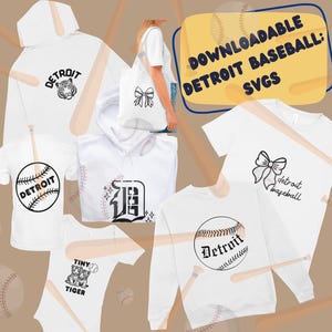 Puede incluir: Una colección de ropa blanca con diseños de béisbol y de Detroit. Incluye sudaderas con capucha, camisetas y un bolso tote. Los diseños incluyen pelotas de béisbol, la palabra "Detroit", un tigre y un lazo. La imagen también contiene el texto "Downloadable Detroit Baseball: SVGs".