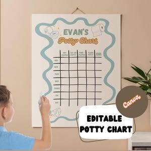Puede incluir: Un gráfico de orinal blanco con un borde ondulado azul claro y el texto "EVAN'S Potty Chart". El gráfico incluye secciones para rastrear los cambios de pañales, el uso del orinal, la alimentación y el lavado de manos. Un niño pequeño interactúa con el gráfico.