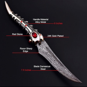 May include: A decorative dagger with a 9-inch alloy metal handle and a 7.5-inch Damascus steel blade. The handle features red stones and 24K gold plating. The blade has a razor-sharp edge.