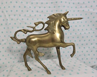 Vtg Brass Unicorn Figurine Sranding Sculpture w Patina Mythical Fantasy Pegasus